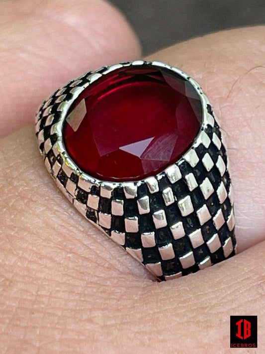 Mens Plain Real 925 Sterling Silver Ruby Red Stone Ring Pinky Or Signet Checker - Flawless Karat