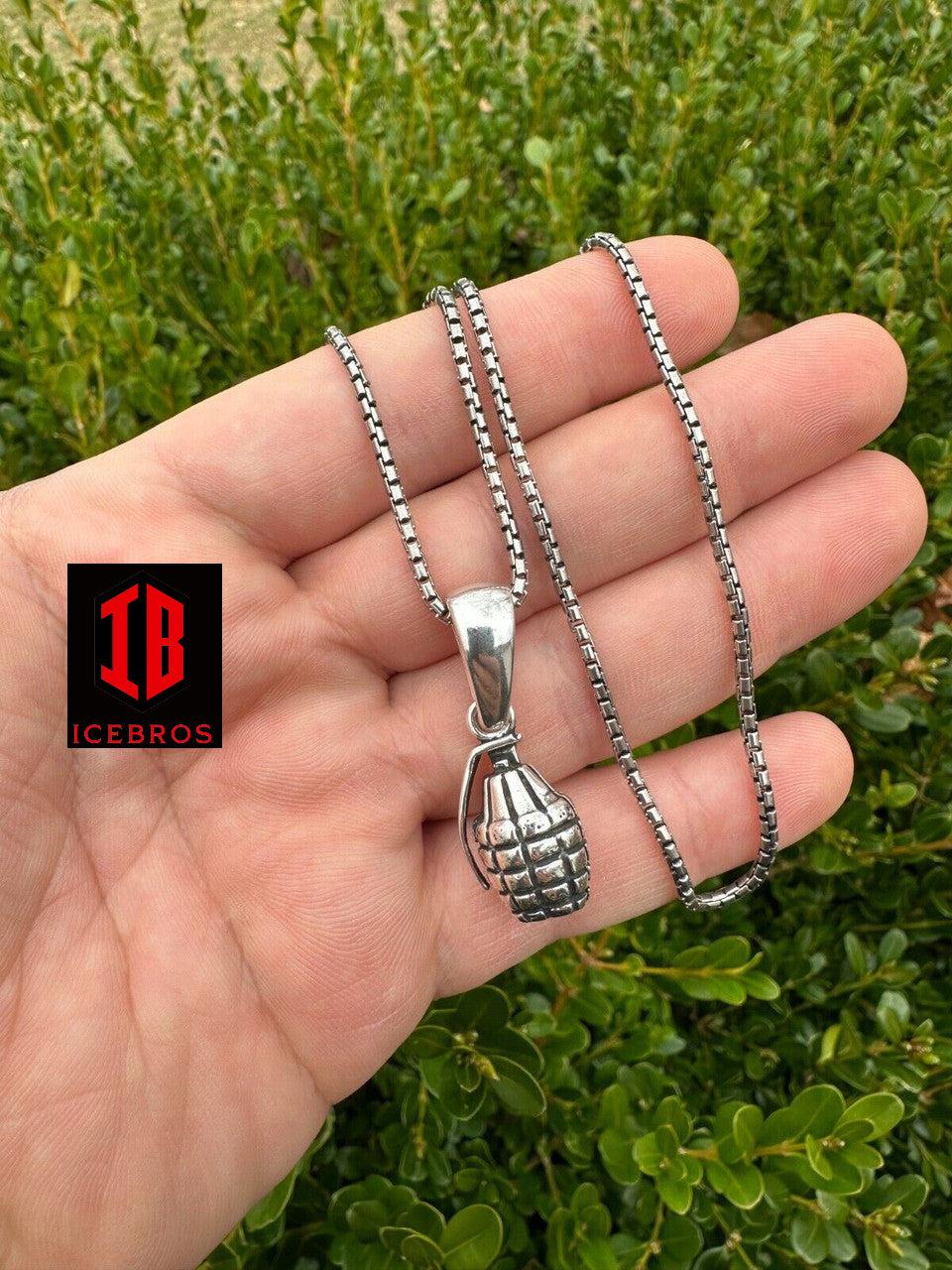 Mens Real 925 Sterling Silver Hand Grenade Bomb Pendant Necklace Small But Heavy - Flawless Karat