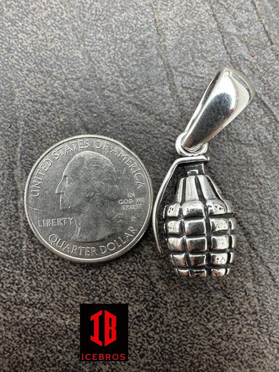 Mens Real 925 Sterling Silver Hand Grenade Bomb Pendant Necklace Small But Heavy - Flawless Karat