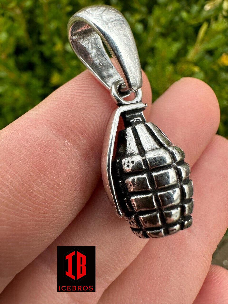 Mens Real 925 Sterling Silver Hand Grenade Bomb Pendant Necklace Small But Heavy - Flawless Karat