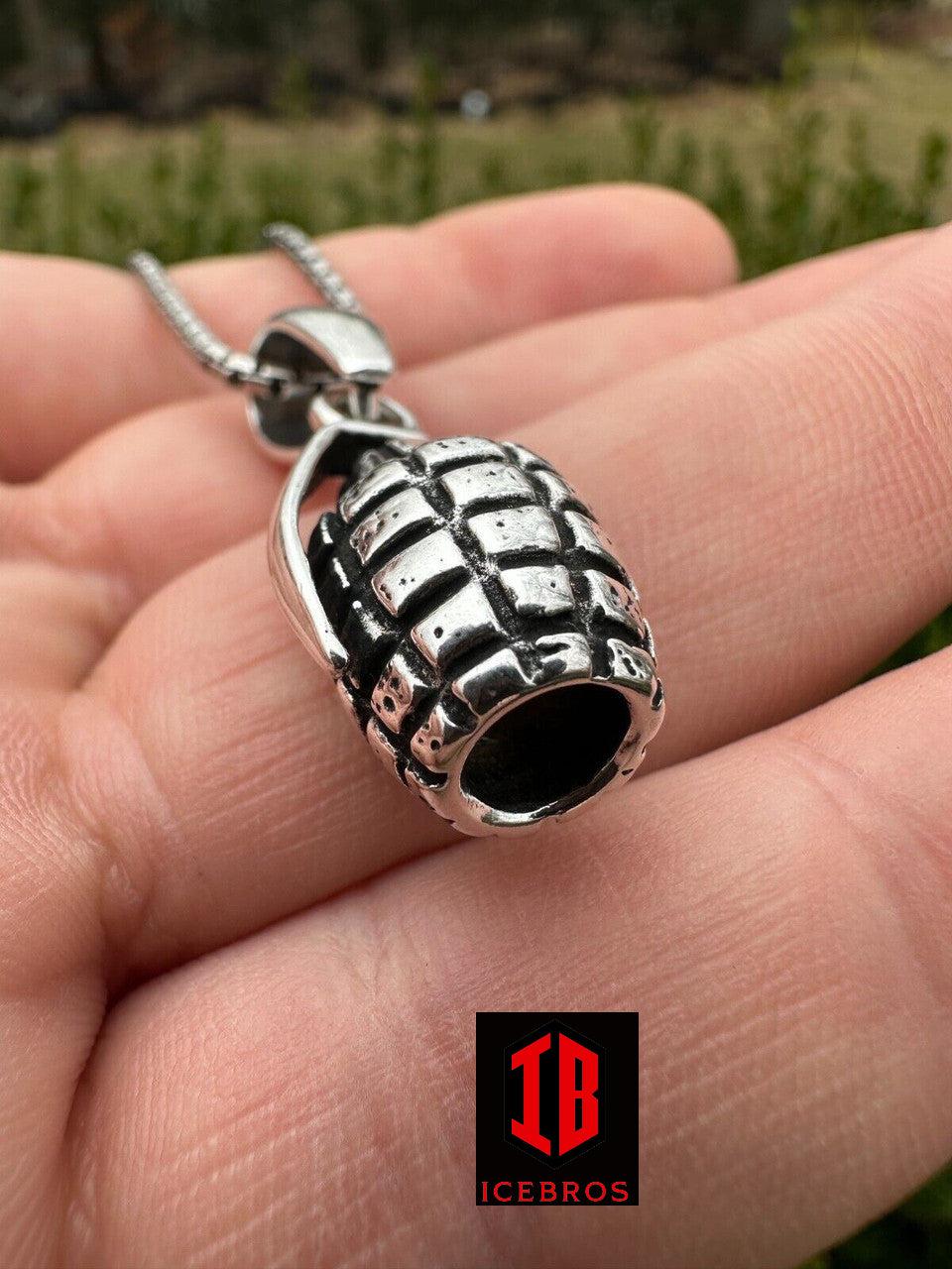 Mens Real 925 Sterling Silver Hand Grenade Bomb Pendant Necklace Small But Heavy - Flawless Karat