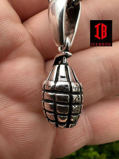 Mens Real 925 Sterling Silver Hand Grenade Bomb Pendant Necklace Small But Heavy - Flawless Karat