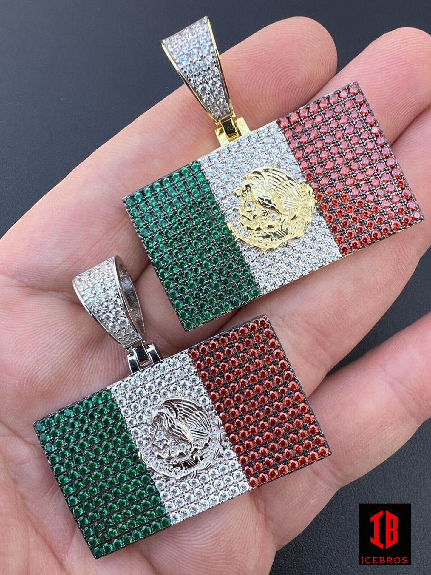 Mexico Flag 925 Silver Gold Plated Mexican 3 Color Pendant Chain CZ Necklace - Flawless Karat