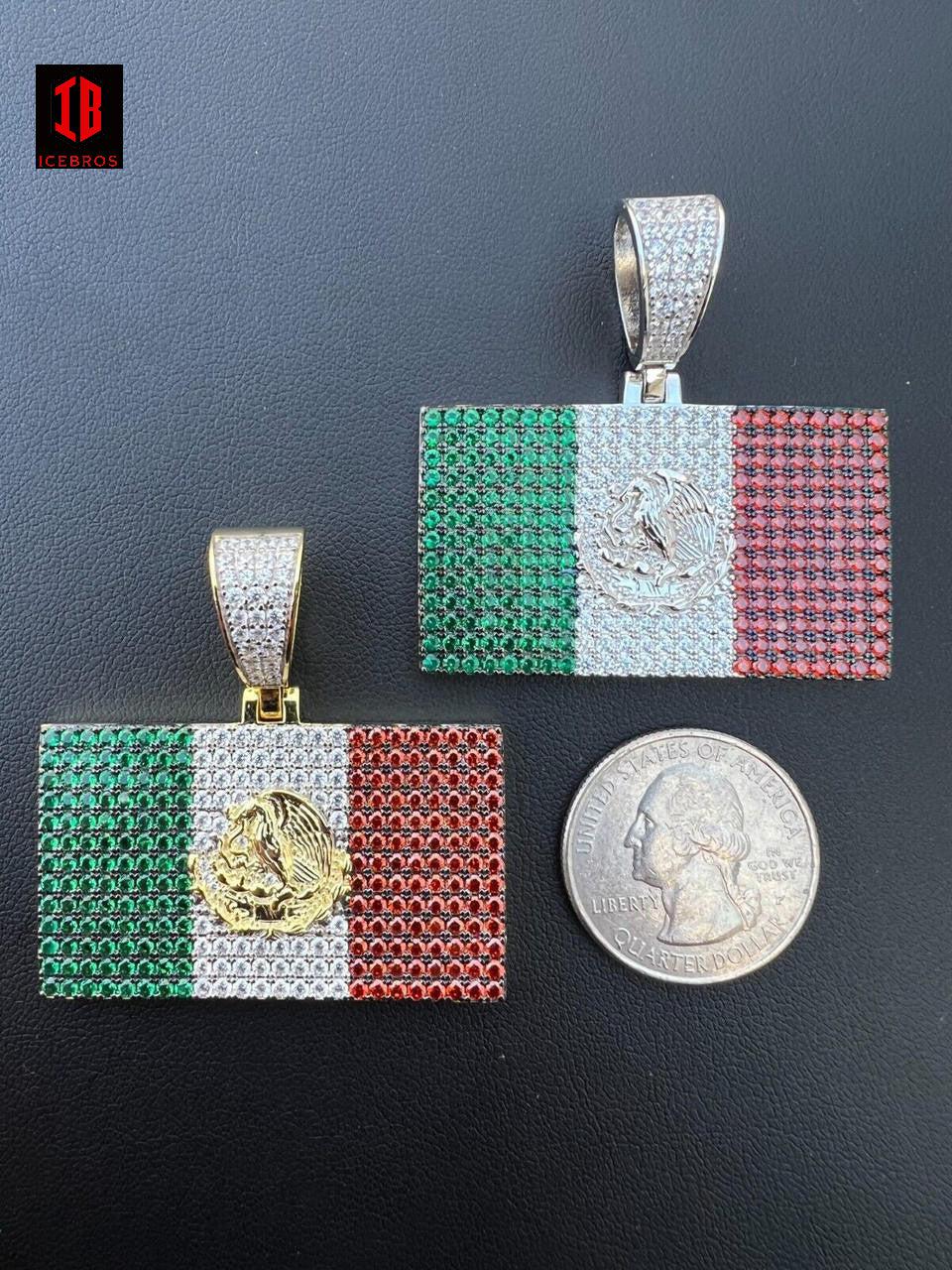 Mexico Flag 925 Silver Gold Plated Mexican 3 Color Pendant Chain CZ Necklace - Flawless Karat