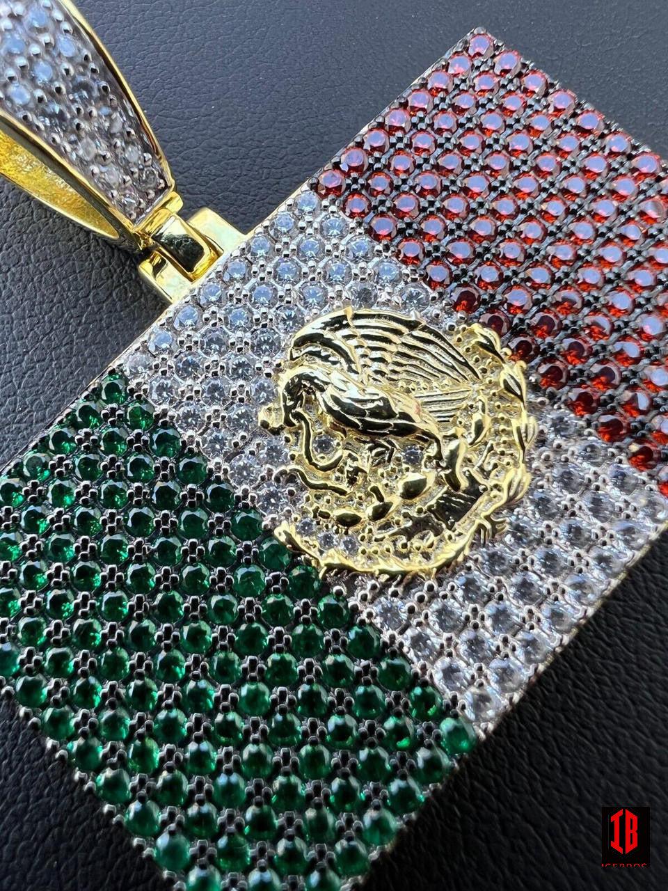 Mexico Flag 925 Silver Gold Plated Mexican 3 Color Pendant Chain CZ Necklace - Flawless Karat