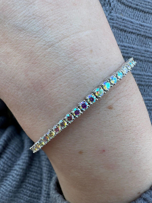 Purple Iced Opal Rainbow MOISSANITE 3mm Tennis Bracelet 925 Silver Diamond Tester - Flawless Karat