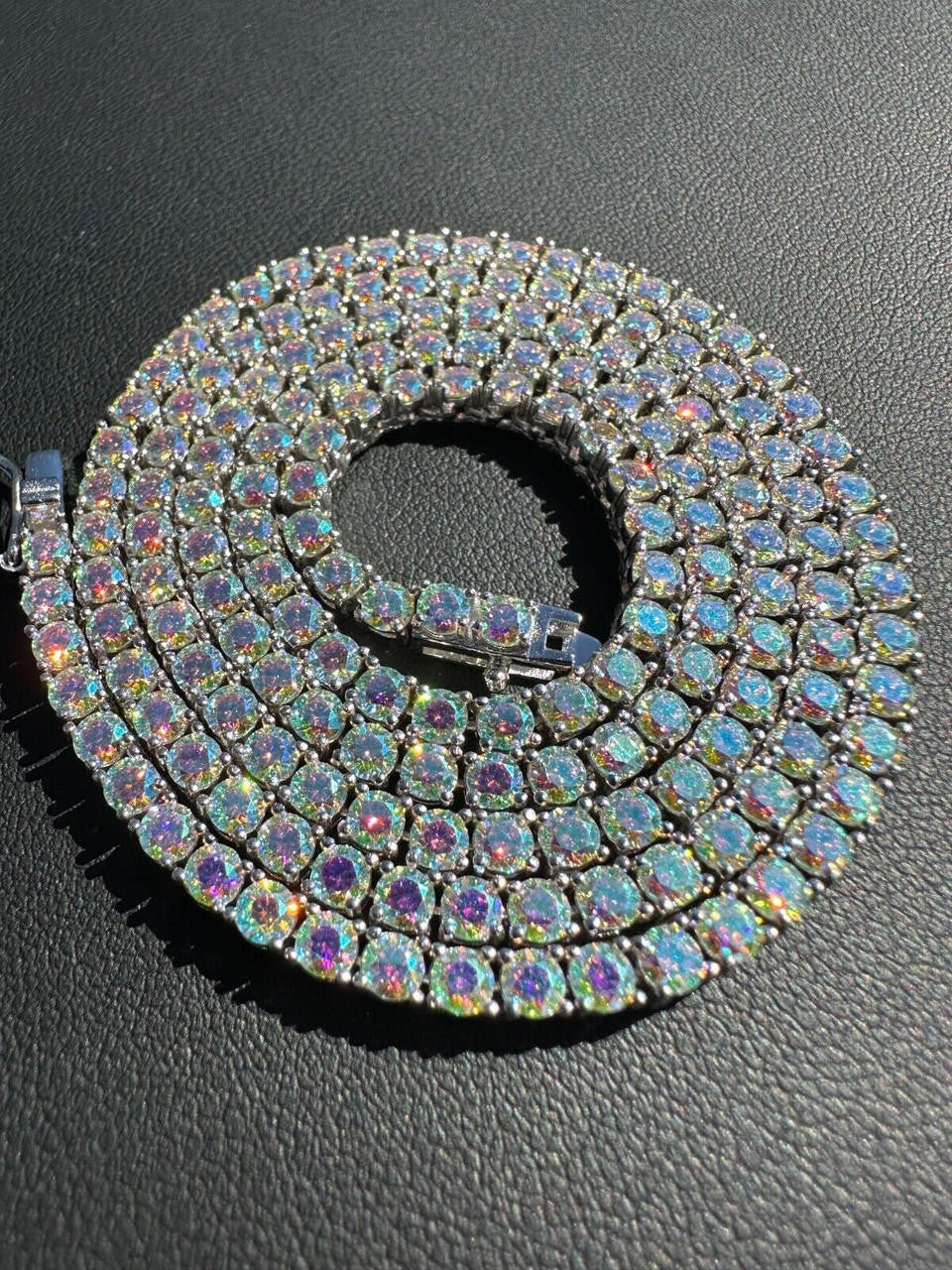 Purple Opal Rainbow MOISSANITE 3mm Tennis Chain 925 Silver Iced Necklace Passes Testa - Flawless Karat