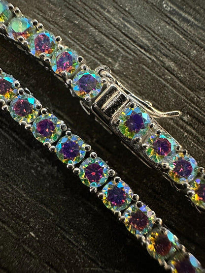 Purple Opal Rainbow MOISSANITE 3mm Tennis Chain 925 Silver Iced Necklace Passes Testa - Flawless Karat