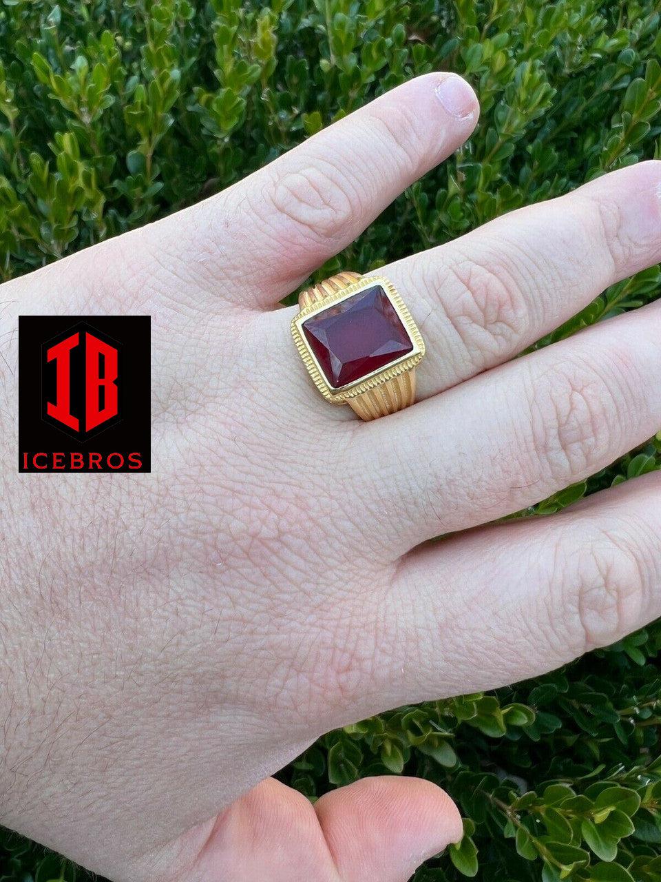 Real Solid 14k Gold Vermeil Over Solid 925 Silver Ruby Red Stone Ring Hip Hop Ice