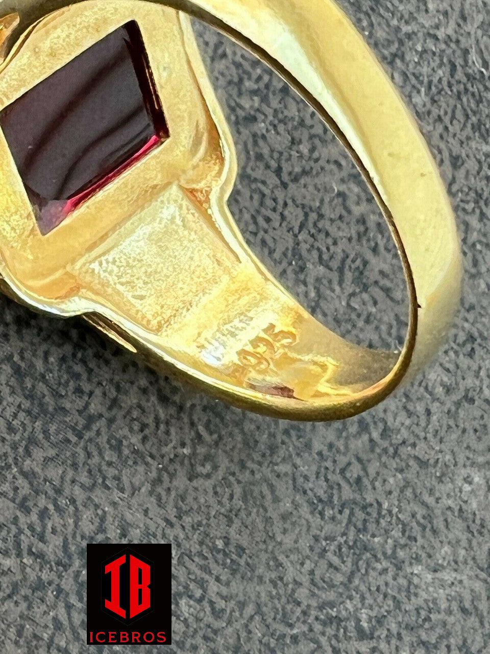 Real Solid 14k Gold Vermeil Over Solid 925 Silver Ruby Red Stone Ring Hip Hop Ice