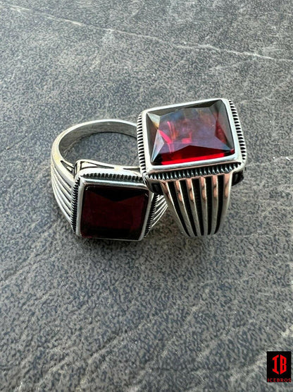 Real Solid 14k Gold Vermeil Over Solid 925 Silver Ruby Red Stone Ring Hip Hop Ice