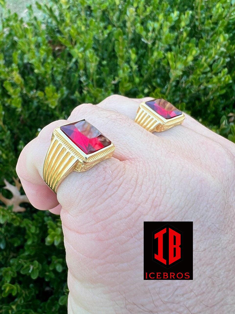 Real Solid 14k Gold Vermeil Over Solid 925 Silver Ruby Red Stone Ring Hip Hop Ice