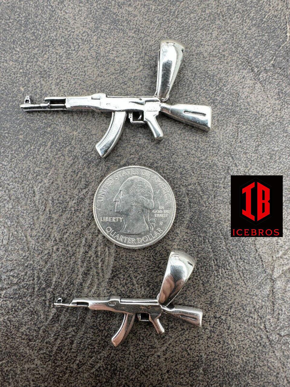 Real Solid 925 Silver 14k Gold Men's AK-47 Gun Rifle Gangster Charm Necklace