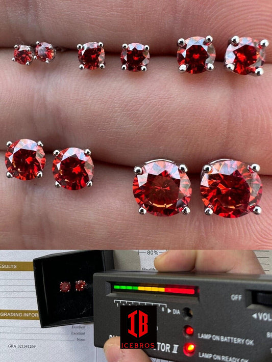 Real Ruby Red Moissanite Screwback Stud Earrings 925 Silver 3-8mm Iced Pass Test - Flawless Karat