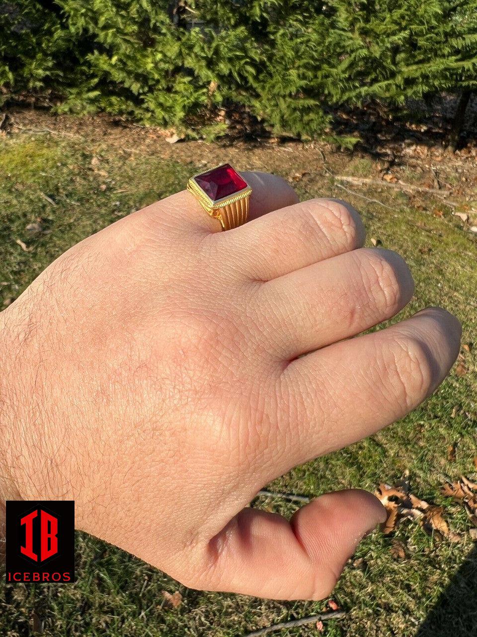 Real Solid 14k Gold Vermeil Over Solid 925 Silver Ruby Red Stone Ring Hip Hop Ice - Flawless Karat