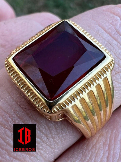 Real Solid 14k Gold Vermeil Over Solid 925 Silver Ruby Red Stone Ring Hip Hop Ice - Flawless Karat