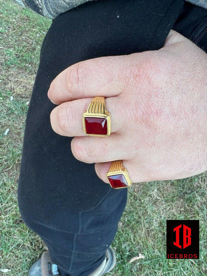 Real Solid 14k Gold Vermeil Over Solid 925 Silver Ruby Red Stone Ring Hip Hop Ice - Flawless Karat