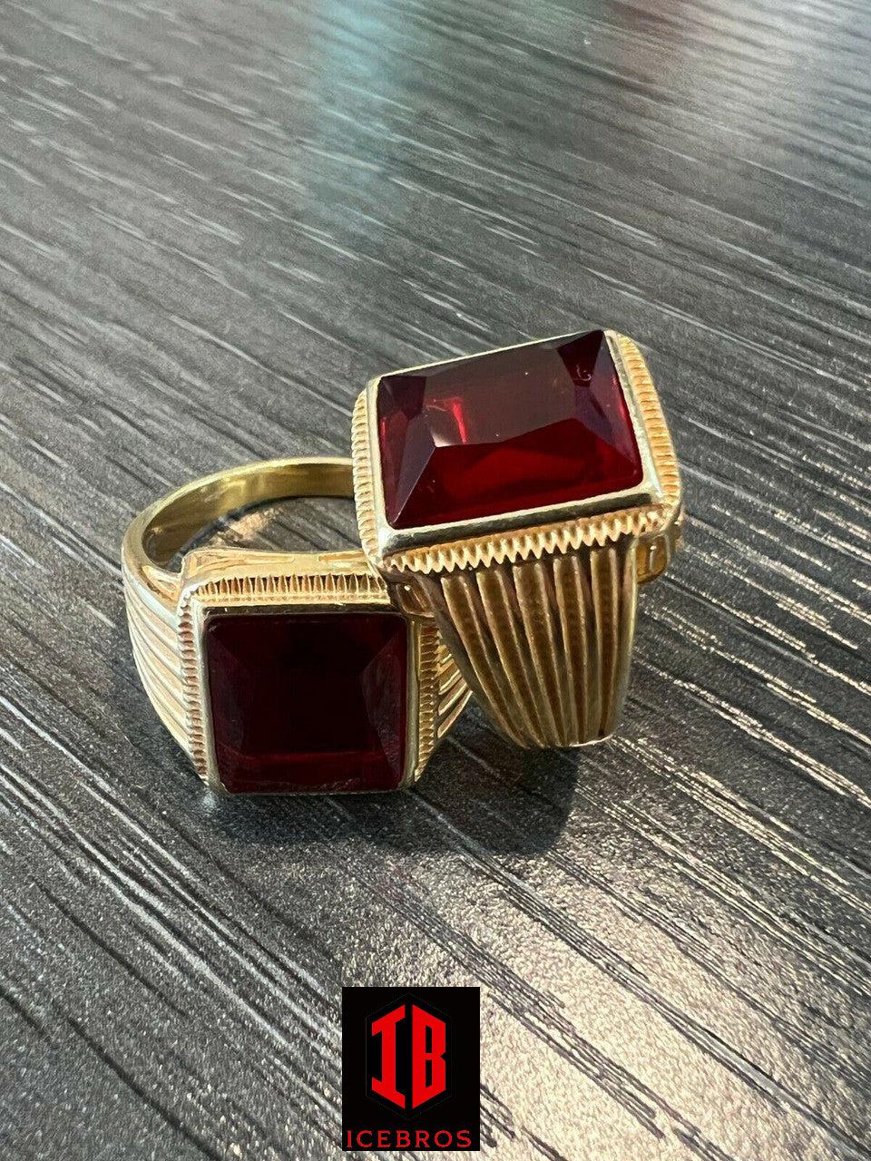 Real Solid 14k Gold Vermeil Over Solid 925 Silver Ruby Red Stone Ring Hip Hop Ice - Flawless Karat