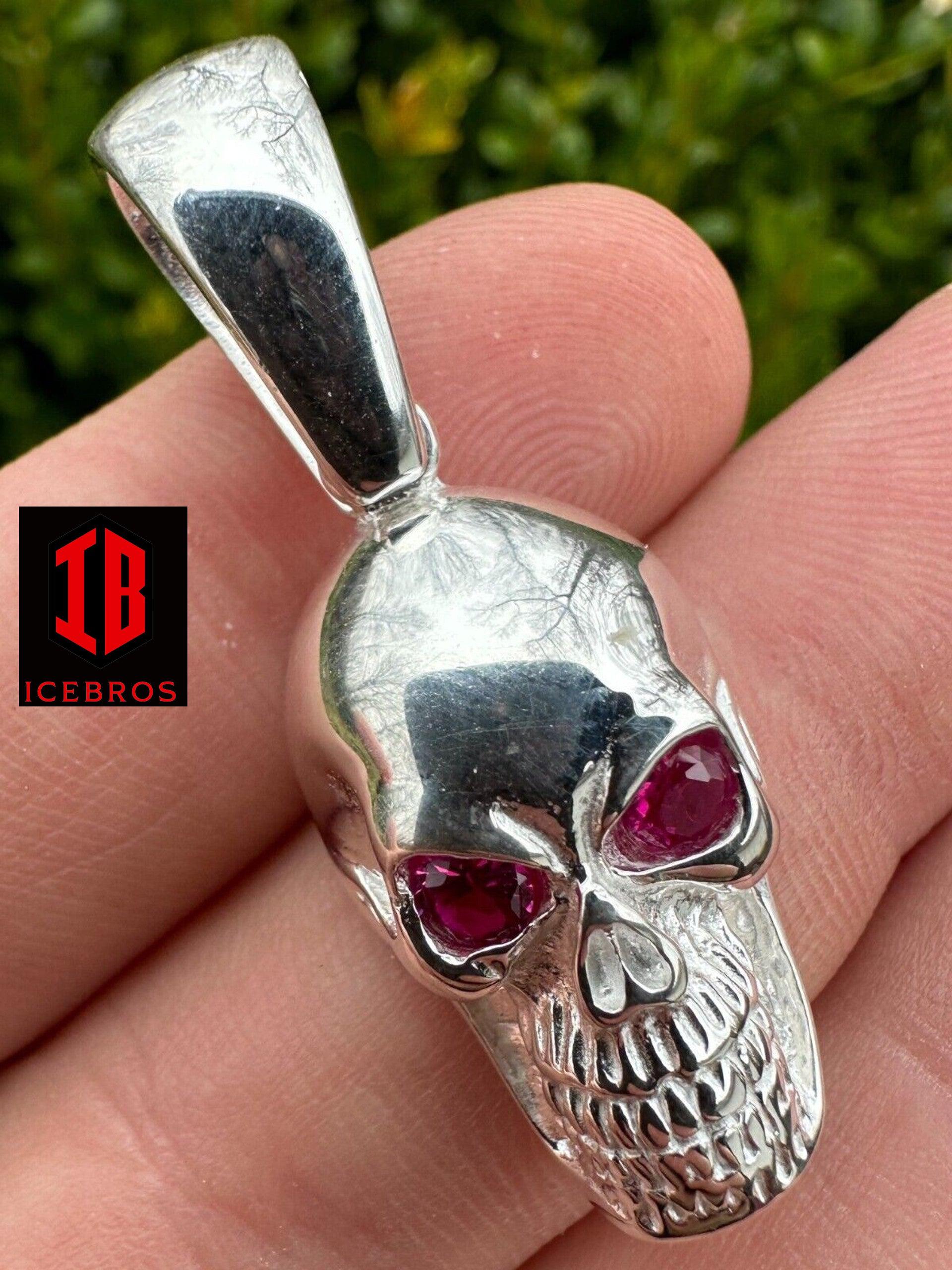 Real Solid 925 Silver Skull W. Red Eyes Pendant Men Or Ladies Emo Gothic Chain - Flawless Karat