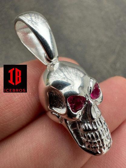 Real Solid 925 Silver Skull W. Red Eyes Pendant Men Or Ladies Emo Gothic Chain - Flawless Karat