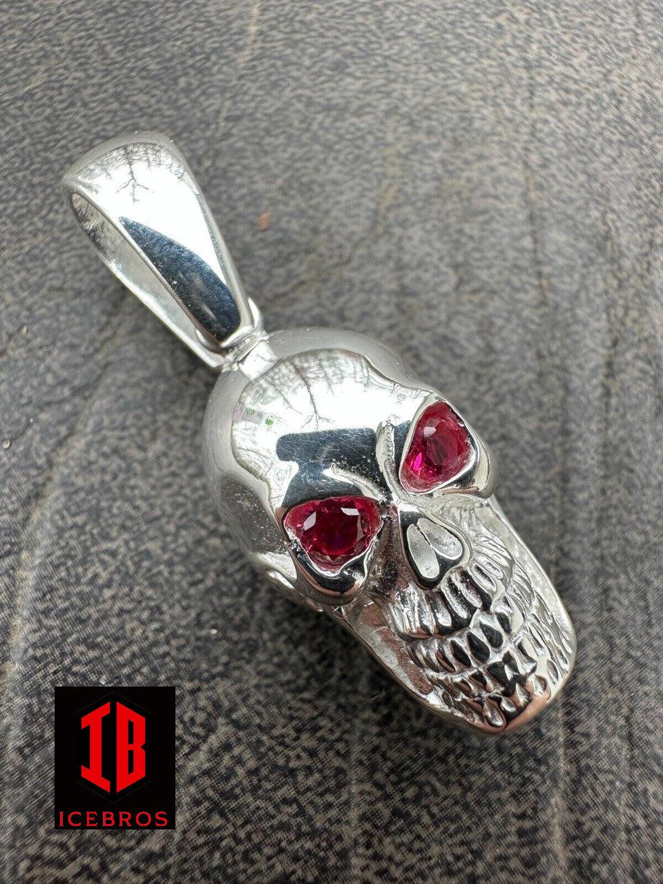 Real Solid 925 Silver Skull W. Red Eyes Pendant Men Or Ladies Emo Gothic Chain - Flawless Karat