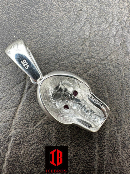 Real Solid 925 Silver Skull W. Red Eyes Pendant Men Or Ladies Emo Gothic Chain - Flawless Karat