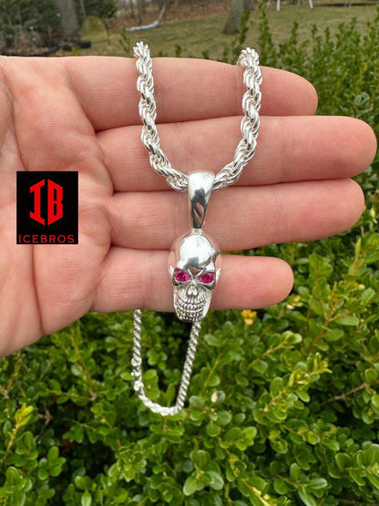 Real Solid 925 Silver Skull W. Red Eyes Pendant Men Or Ladies Emo Gothic Chain - Flawless Karat