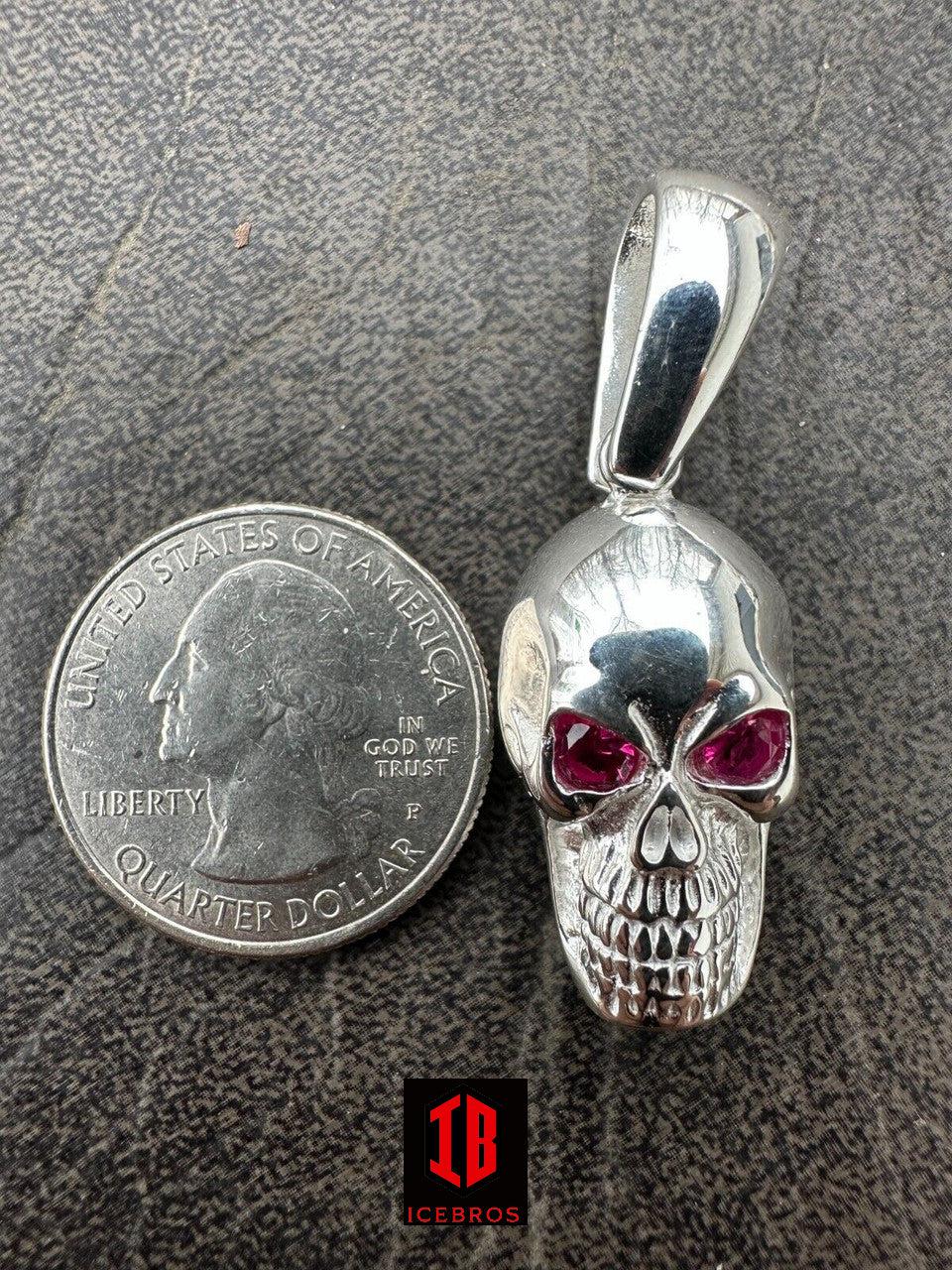 Real Solid 925 Silver Skull W. Red Eyes Pendant Men Or Ladies Emo Gothic Chain - Flawless Karat