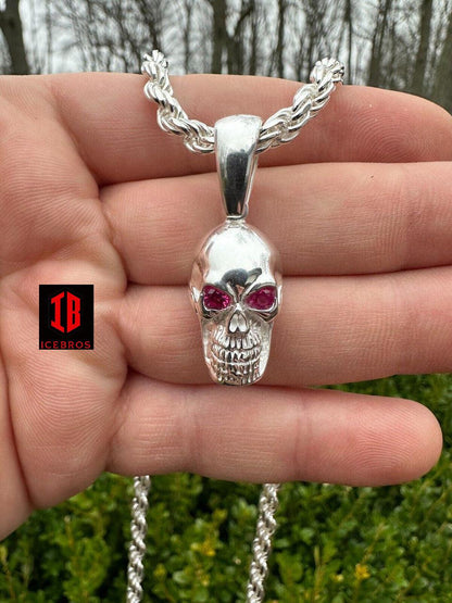 Real Solid 925 Silver Skull W. Red Eyes Pendant Men Or Ladies Emo Gothic Chain - Flawless Karat