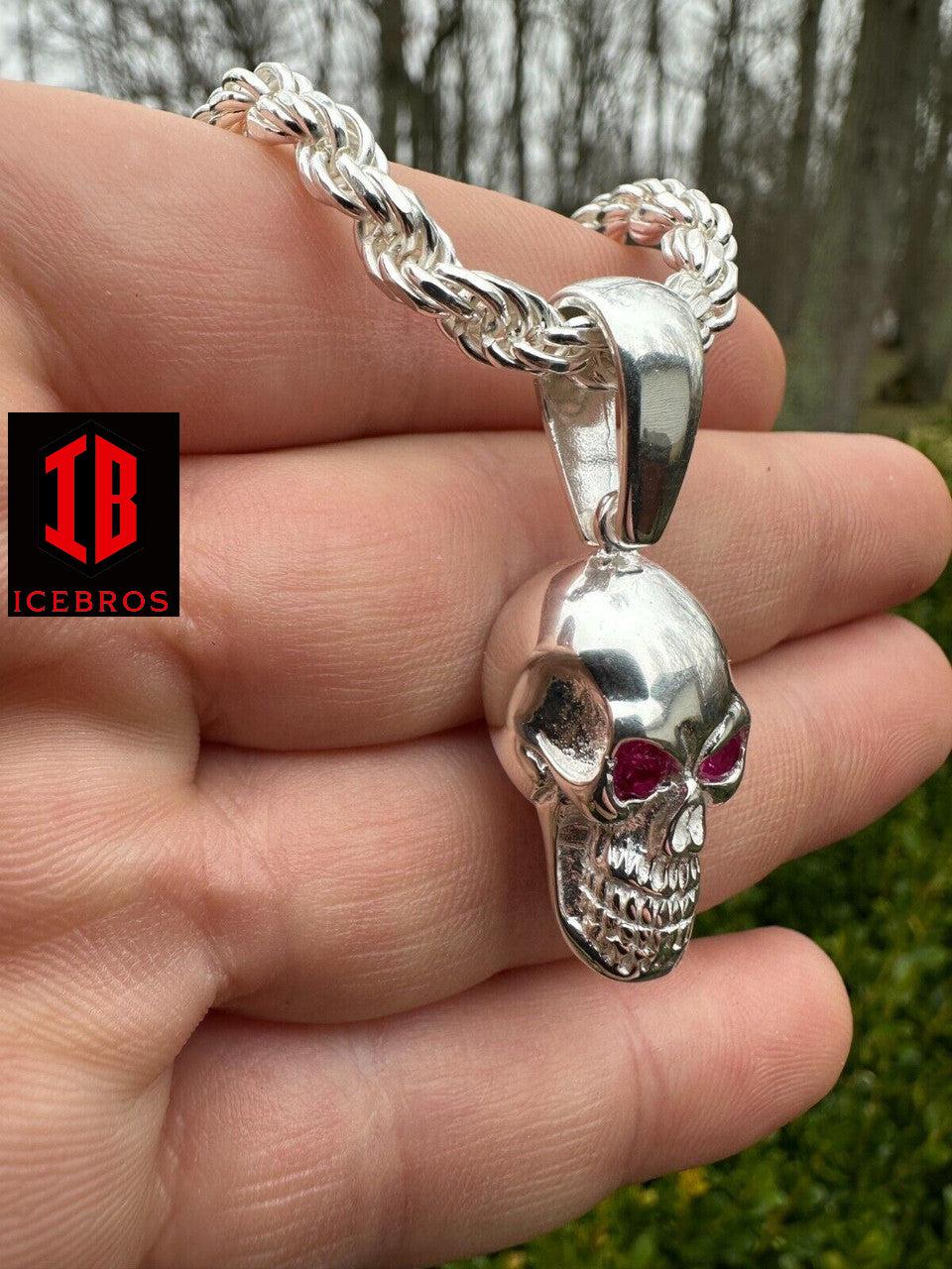 Real Solid 925 Silver Skull W. Red Eyes Pendant Men Or Ladies Emo Gothic Chain - Flawless Karat