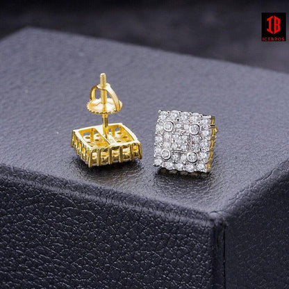 Screw-backs Earring Square 10mm Real 925 Silver CZ Iced Large Unisex Studs Hip Hop