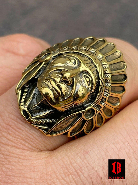 Solid 14K Gold Over Solid 925 Sterling Silver Large Indian Head Chief Ring