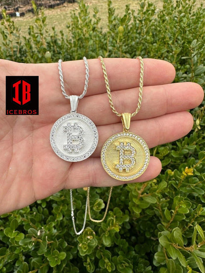 Solid 925 Silver 14K Gold Iced Letter B BITCOIN CZ Pendant Necklace HipHop (CZ)