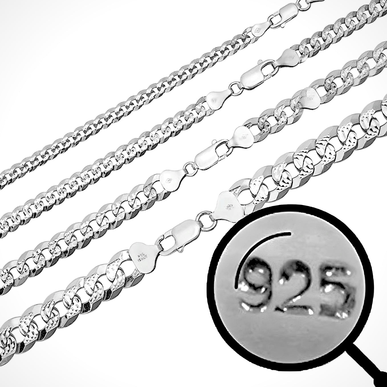 Solid 925 Silver Diamond Cut Flat Miami Curb Cuban Link Chain Necklace (3-11mm)