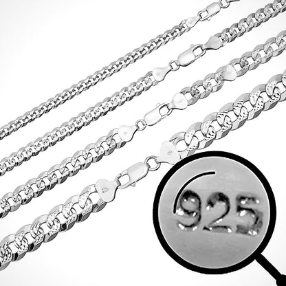 Solid 925 Silver Diamond Cut Flat Miami Curb Cuban Link Chain Necklace (3-11mm)