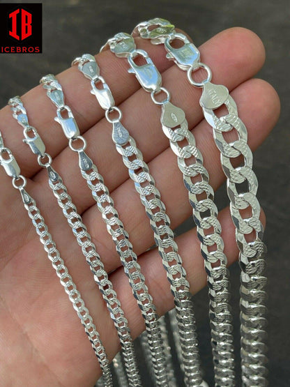 Solid 925 Silver Diamond Cut Flat Miami Curb Cuban Link Chain Necklace (3-11mm)