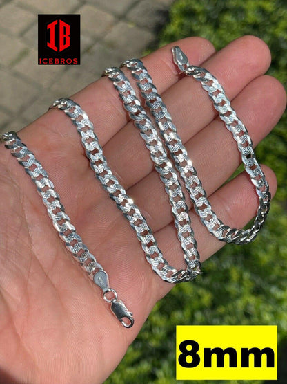 Solid 925 Silver Diamond Cut Flat Miami Curb Cuban Link Chain Necklace (3-11mm)