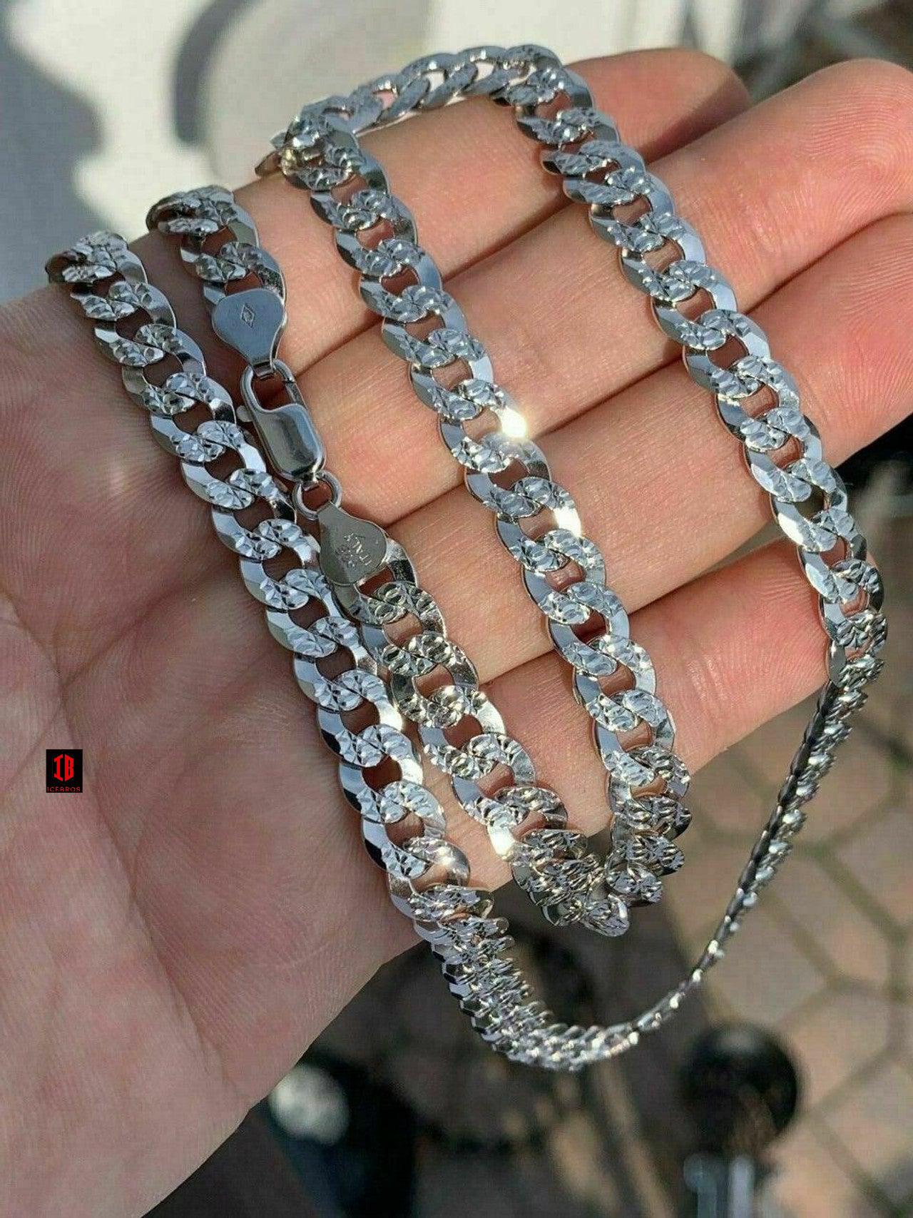 Solid 925 Silver Diamond Cut Flat Miami Curb Cuban Link Chain Necklace (3-11mm)