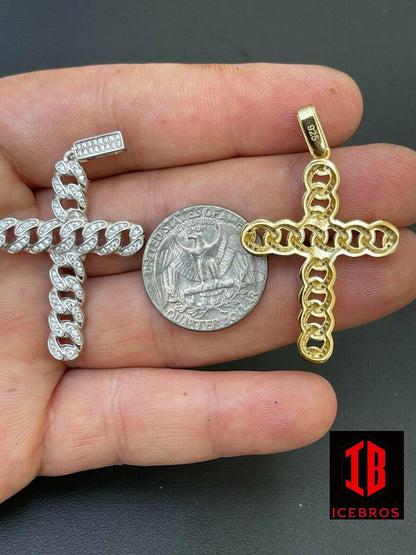 Solid 925 Sterling Silver / Gold Cuban Link Cross Pendant Iced Hip Hop Diamond Necklace (CZ)