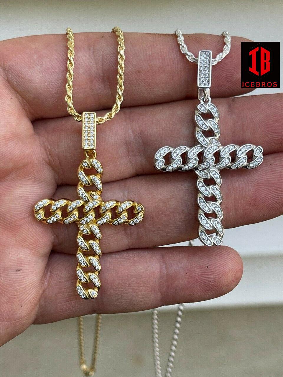 Solid 925 Sterling Silver / Gold Cuban Link Cross Pendant Iced Hip Hop Diamond Necklace (CZ)