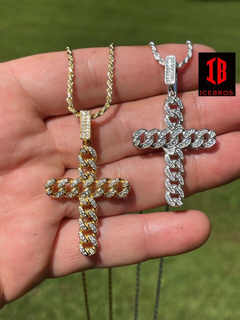 Solid 925 Sterling Silver / Gold Cuban Link Cross Pendant Iced Hip Hop Diamond Necklace (CZ)