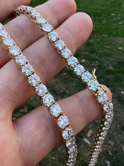 Solid 10k Solid Yellow Gold 5mm Large Iced Moissanite Stone Tennis Chain - Flawless Karat