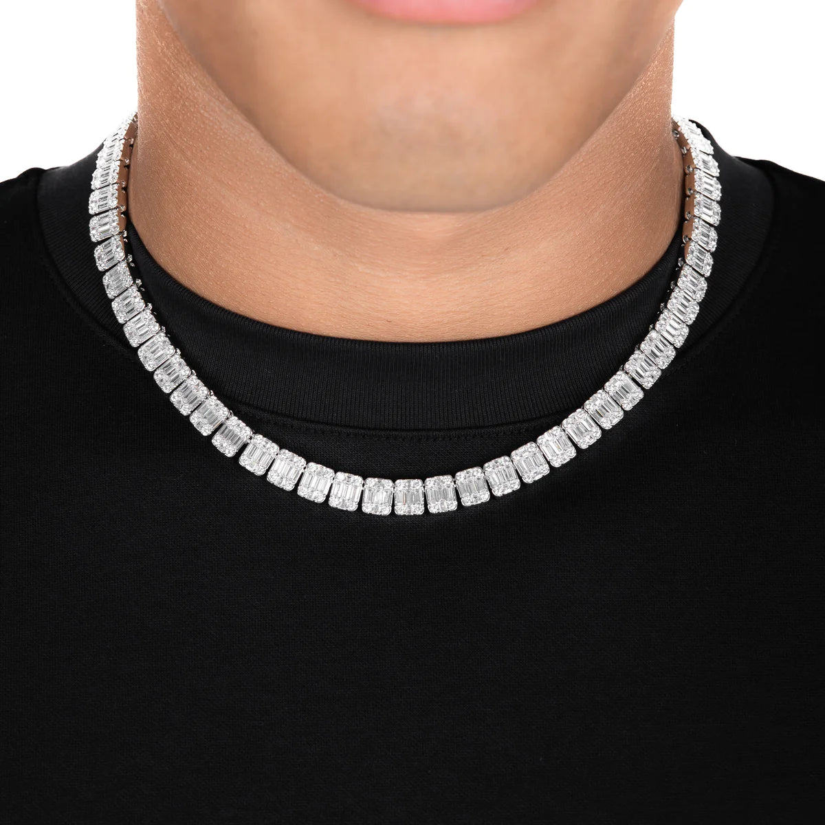 Baguette Moissanite Square Tennis Link Chain in White Gold 15mm