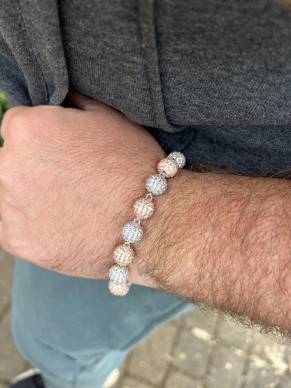 Two Tone Ball Moon White Moissanite Bracelet (4-10mm) - White Rose Gold Over 925 Sterling Silver