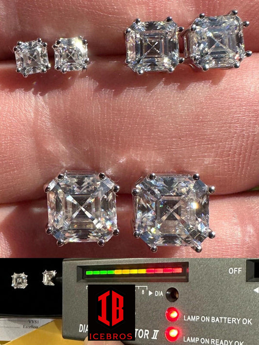 VVS Iced Moissanite Stud Earrings Asscher Cut 14k White Gold Over 925 Silver 4mm-8mm - Flawless Karat