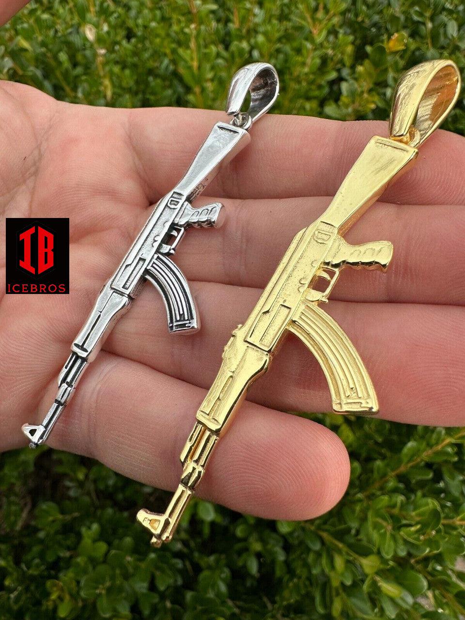 Vermeil 925 Silver / 14k Gold Men's 3D AK-47 Gun Rifle Pendant Necklace Hip Hop