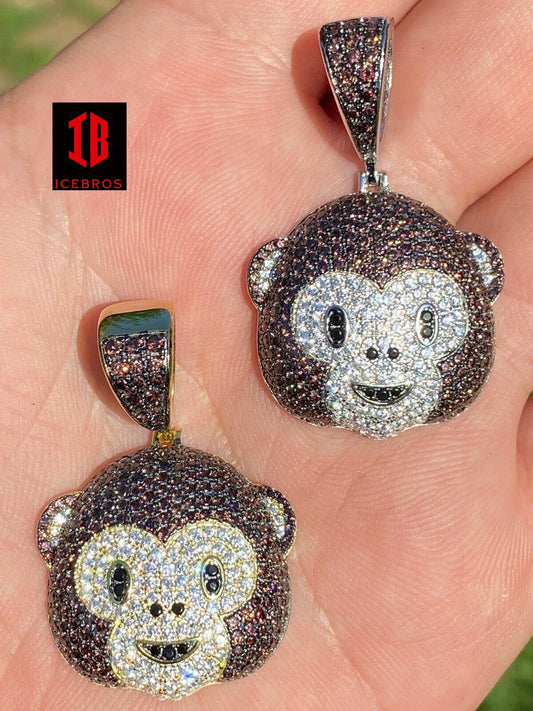 Vermeil 925 Silver Hip Hop Monkey Face Emoji Pendant Necklace Iced Gold