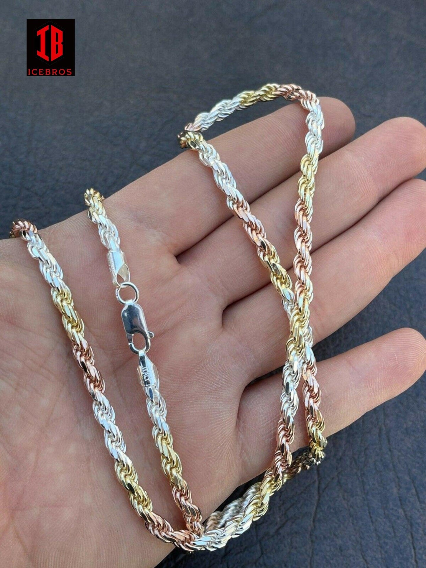 Vermeil 925 Sterling Silver, Yellow, & Rose Gold Tri Color Rope Chain Necklace (2-5mm)