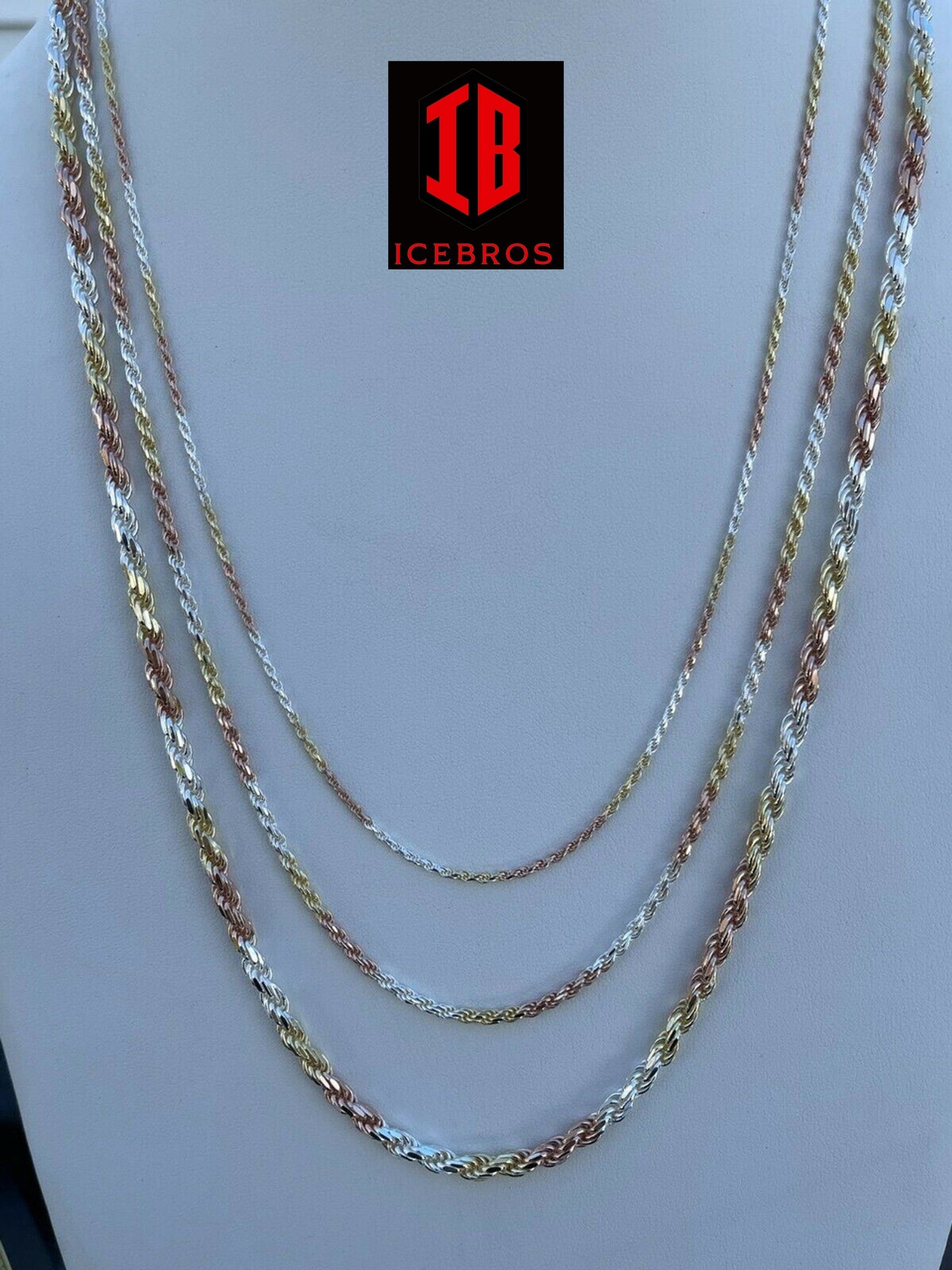 Vermeil 925 Sterling Silver, Yellow, & Rose Gold Tri Color Rope Chain Necklace (2-5mm)