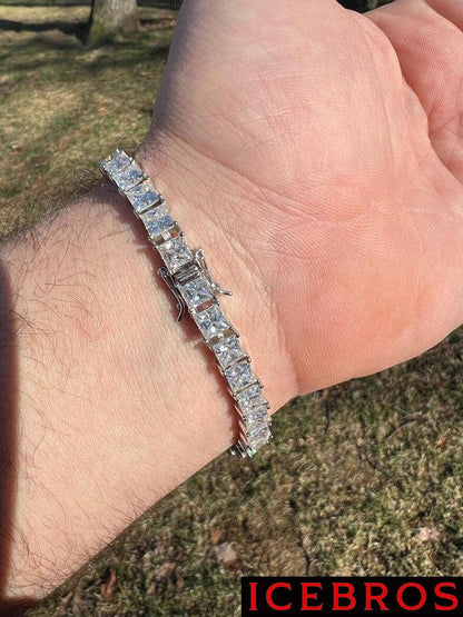 White Gold Micro Tennis Bracelet , Moissanite Princess Square-Cut ,925 Sterling Silver Wristlet